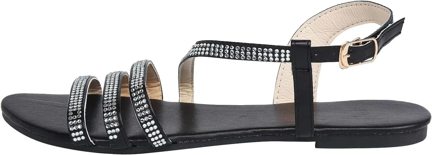 Womens Rhinestones Strap Flat Sandals Casual Summer Bling Open Toe Buckle Slipper Lightweight Comfortable Breathable Ladies Beach Roman Shoes