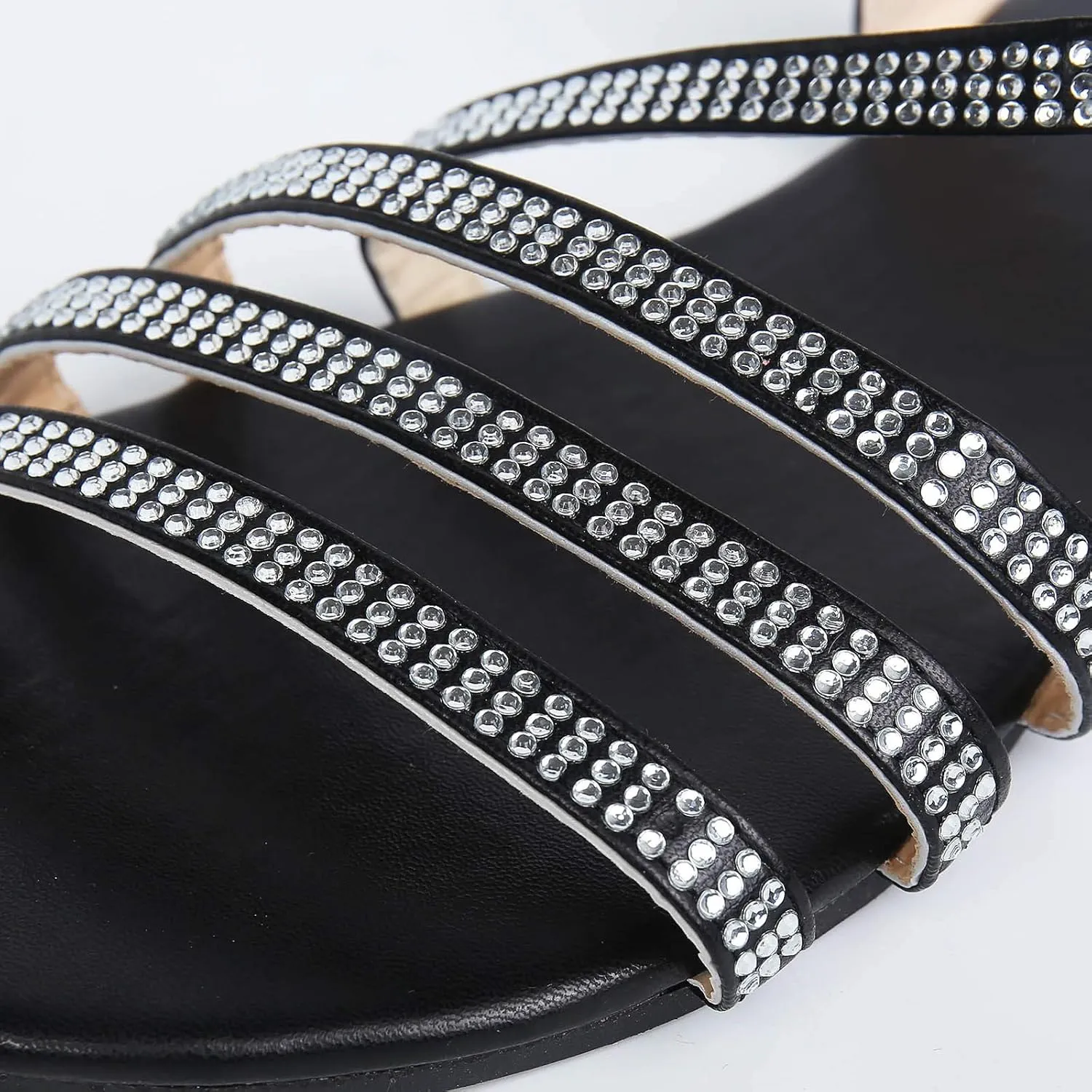 Womens Rhinestones Strap Flat Sandals Casual Summer Bling Open Toe Buckle Slipper Lightweight Comfortable Breathable Ladies Beach Roman Shoes