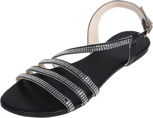 Womens Rhinestones Strap Flat Sandals Casual Summer Bling Open Toe Buckle Slipper Lightweight Comfortable Breathable Ladies Beach Roman Shoes