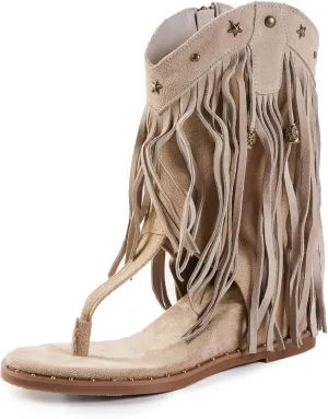 Women's Tassel Gladiator Flats Sandals Roman Thong Flip Flops Sandal with Rivets Bohemian Fringe Wedge Heel Shoes Summer Western Flat Ankle Boots