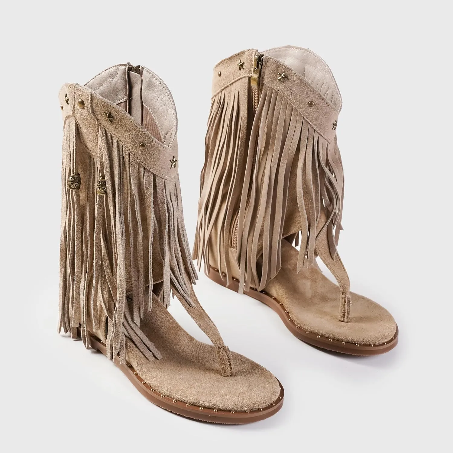 Women's Tassel Gladiator Flats Sandals Roman Thong Flip Flops Sandal with Rivets Bohemian Fringe Wedge Heel Shoes Summer Western Flat Ankle Boots