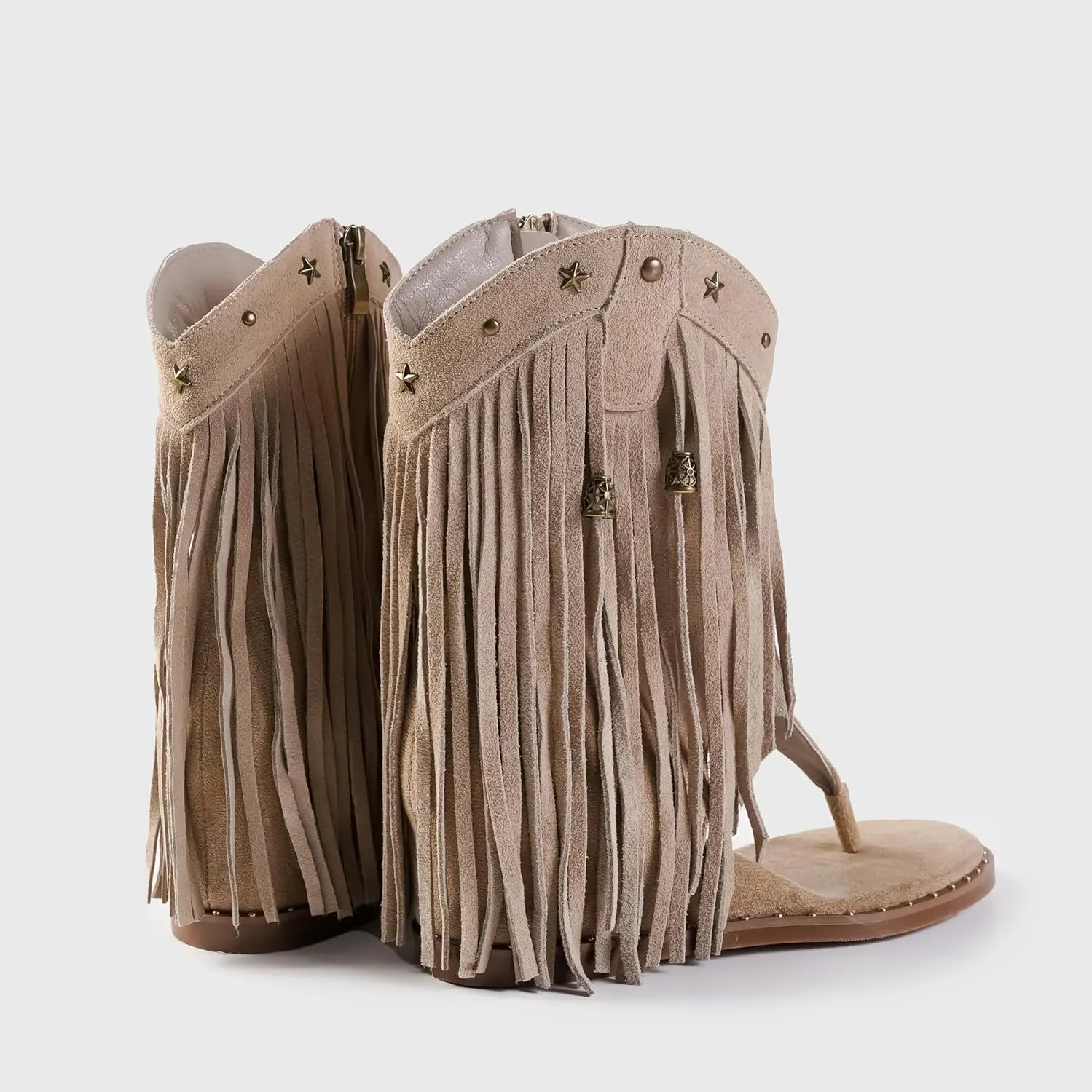Women's Tassel Gladiator Flats Sandals Roman Thong Flip Flops Sandal with Rivets Bohemian Fringe Wedge Heel Shoes Summer Western Flat Ankle Boots